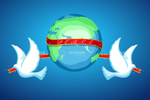 World Peace Design with Globe, White Doves and Red Ribbon